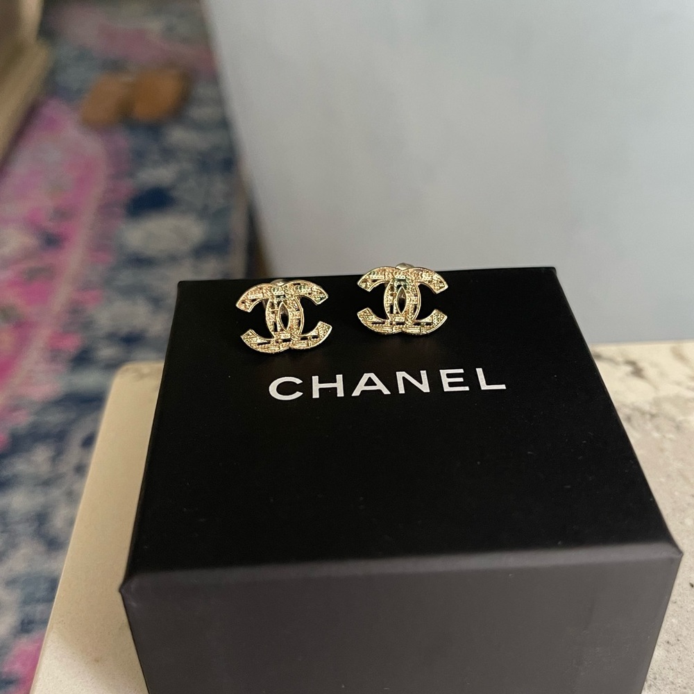 Chanel Gold Tweed CC Stud Earrings